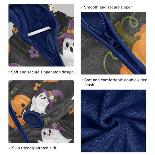 Halloween Ghosts Pumpkins Flowers Toddler Fleece Jacket Girl Boys Hooded Fleece Jacket Coat Warm Outwear Zip-up 3-10T3