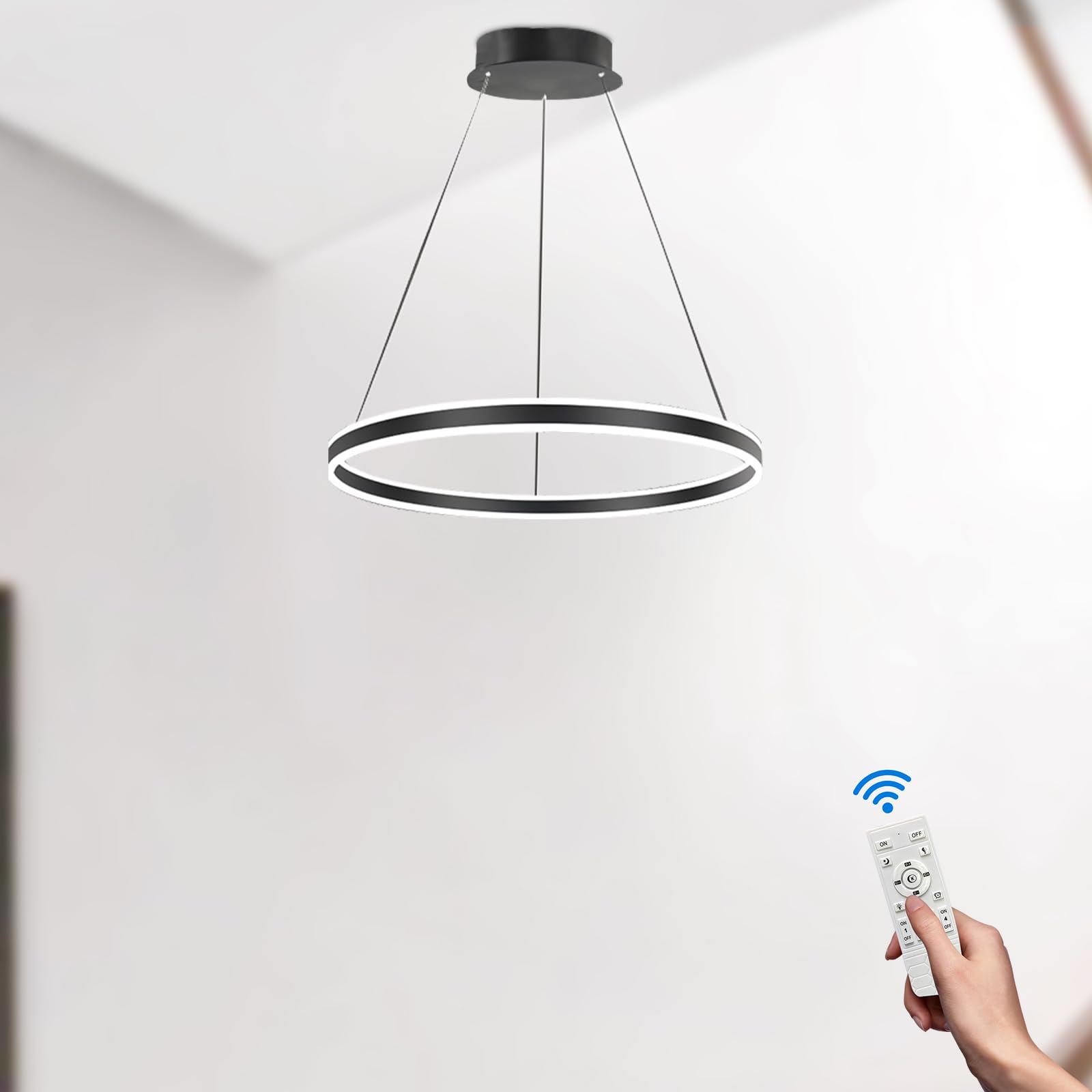 LAMPLAY Round LED Modern Pendant Light, 1 Black Ring Chandelier, Dimmable with Remote Control 3000K-6000K Ceiling Light, Height Adjustable, Foyer Living Room Bedroom Dining Kitchen Island (Ø40cm)