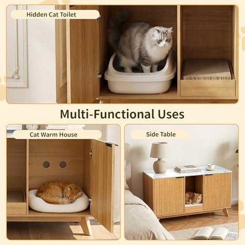 Image of Double Cat Litter Box Enclosure for 2 Cats,Fluted Hidden Litter Box Furniture with Litter Collector & Scratch Pad,47 inch Large Enclosed Cat Cabinet,Cat House,for Living Room,Natural with Marble Top