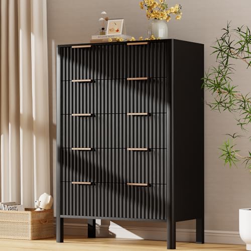 Image of 47 inch Tall Dressers for Bedroom Fluted 5 Drawer Dresser, Wooden Dresser Modern Chest of Drawers Dressers with Organizer Storage for Bedroom, Living Room, Entryway, Black