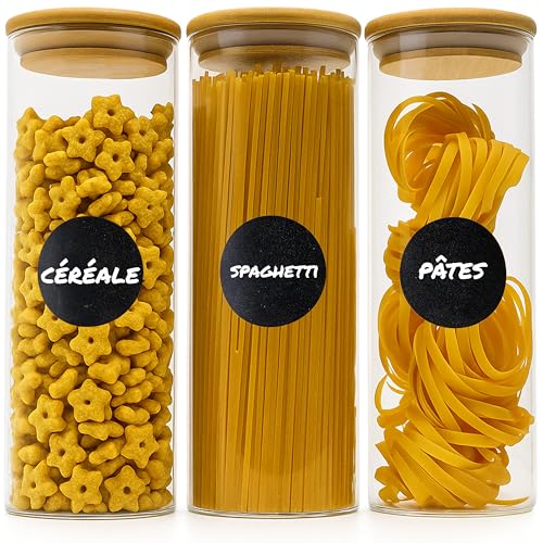 Deco haus® Bocaux de Conservation pour Spaghetti 3 pcs avec Couvercles + Étiquettes...