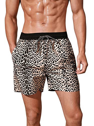 Verdusa Men's Leopard Print Drawstring Waist Swim Trunks Beach Shorts Multicolor XL