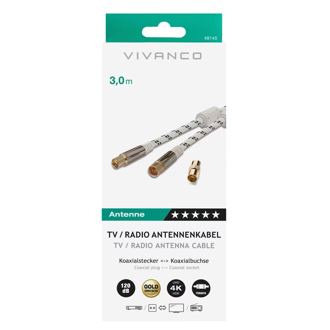VIVANCO CABLE ANTENA 48145 BLANCO 120DB 3 M