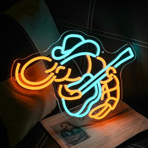 Image of Cowboy Shrimp Neon Sign For Wall Decor Guitar Neon Light Music Led Sign Lobster Led Light Seafood Neon Light Sign for Restaurant Kitchen Music Bar Decor