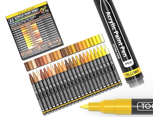 Acrylic Paint Pens 22 Assorted Yellow And Brown Pro Color Series Specialty Markers Set 0.7mm Extra Fine Tip for Rock Painting, Glass, Mugs, Wood, Metal, Canvas, DIY Non Toxic, Waterbased, Quick Drying