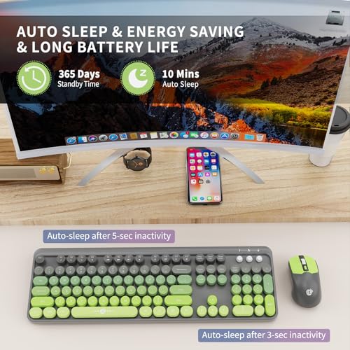 Image of FD Wireless Keyboard and Mouse Combo | Cute Colorful Keyboard and Mouse with 2.4GHz Cordless Retro Typewriter Keyboard | Auto-Sleep | USB Receiver for Windows PC /Laptop - Grey Green Gradient