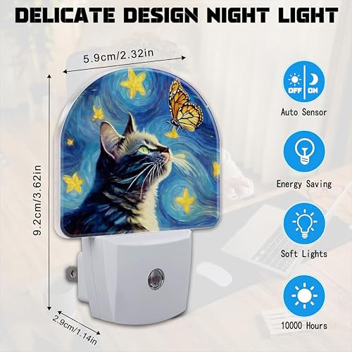 Image of Cat and Butterfly Night Light for Kids, Starry Night Oil Painting Plug in Night Light with Dusk to Dawn Sensor, 0.5w Energy Saving Nightlight for Hallway Stairway Kitchen Bedroom