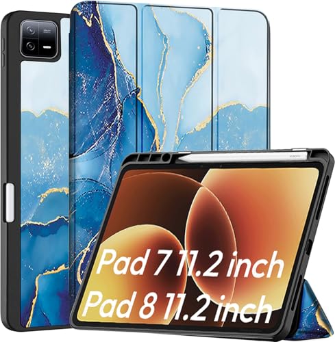 Image of Robustrion Cover for Xiaomi Mi Pad 8 /8 Pro /Xiaomi Pad 7 /7 Pro 11.2 inch Cover Case with [Pencil Holder], Trifold Flip Case Cover for Xiaomi Pad 7 /8 Cover [Auto Sleep Wake] - Marble Blue
