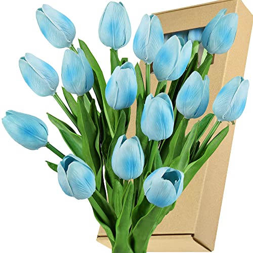 FiveSeasonStuff Tulips Artificial Flowers | Real Touch | Wedding Bouquet Home Décor Party | Floral Arrangements | 15 Stems (Arctic Blue)