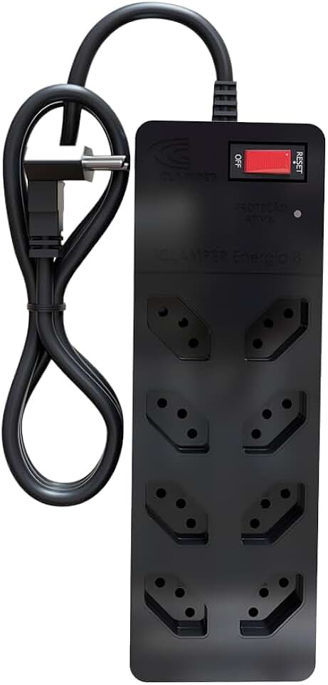 Filtro de Linha iCLAMPER Energia 8 com Proteção contra Surtos Elétricos(DPS) 8 Tomadas, 3 Pinos, 10 Amperes para PC, Notebook, Roteador, Monitor, Impressora, PS5, Alexa e etc, Bivolt, Cabo de 1m Preto