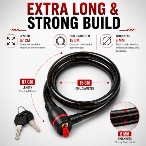 Image of Kandid Heavy Duty Steel Cable Helmet Lock for Men Bike with π²π³π°πΊ Length π΄πΊπΊ Thickness & Integrated Dust Cover with 2 Keys | Cycle Lock for Bicycle | Easy to Operate & Water Resistant