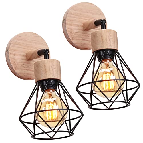 TOKIUS 2 Packs Appliques Murales Interieur Vintages Industrielles Plafonniers Luminaires E27 en Métal et Bois Lampe Murale Rétro Réglable 180° éclairage pour Cuisine Salon (avec Bois -2pcs)
