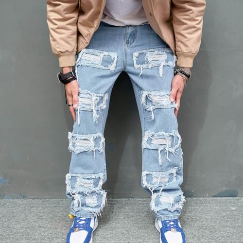 Stacked Jeans Men Baggy Ripped Straight Leg Destroyed Denim Pants with Pockets Casual Trousers Hip Hop Streetwear4
