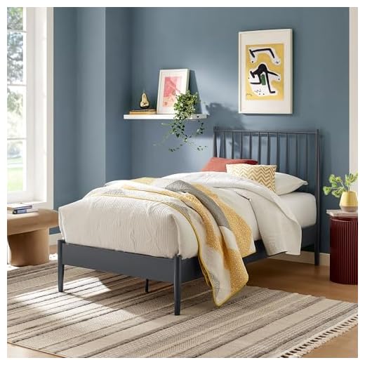 Modway Adair Twin Metal Platform Bed Frame with Spindle Headboard – Classic Modern Farmhouse Mattress Foundation with Wood Slat Support, No Box Spring Needed
