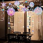 29 Pieces Iridescent Holographic Party Supplies Kit with Hanging Honeycomb Ball Decorative Paper Fan Snowflake Garlands White Star Hanging Swirl Decorations for Birthday Wedding Party Home - Image 5