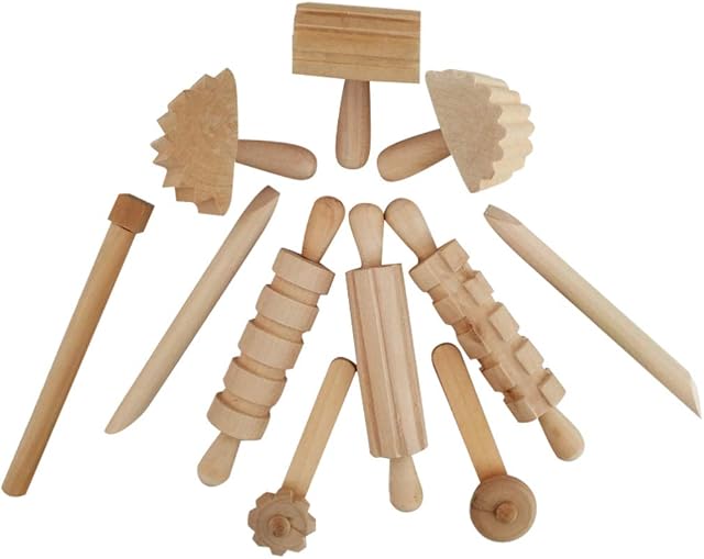 jojofuny Clay Modeling Pattern Rollers Kit 3D Cookie Fondant Dough Wood Wave Pattern Clay Rolling Pin Stamp Textured Wooden Handle Pottery Tools Set