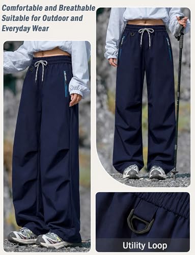 Image of FEOYA Hiking Pants Women Parachute Pants Baggy Quick-Dry Water-Repellent | with Zipper Large Pockets Outdoor Travel Cargo Pants Casual Wear