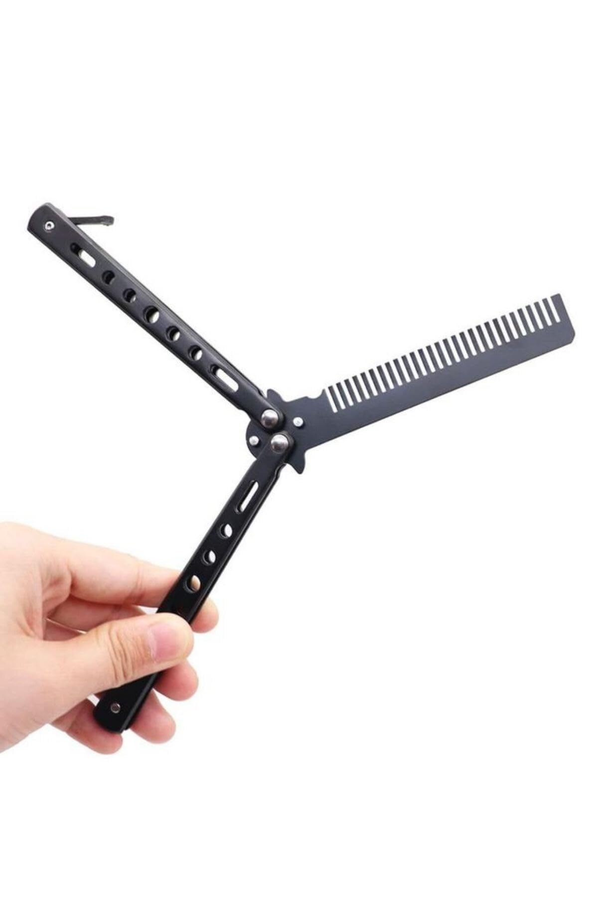 Buffer Katlanabilir Paslanmaz Çelik Kelebek Tarak, Siyah, Profesyonel Saç Kesimi ve Sakal Bakımı, 22 cm