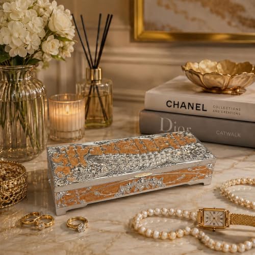 Image of Diviniti Silver Plated Peacock Decorative Storage Box with Lid | Multipurpose Keepsake, Jewelry & Trinket Box | Luxury Home Decor Gift for Dressing Table, Wedding & Corporate Gifting (Peach)