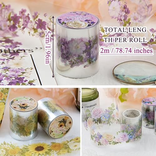 BSITSSS 6 rolek naklejek do scrapbookingu, kwiaty rośliny Washi, przezroczyste kwiaty Scrapbooking naklejki do samodzielnego wykonania rękodzieła, bilety, albumy, pamiętniki, laptopy