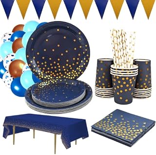Blue and Gold Party Supplies navy blue Birthday Party Cutlery Blue Party Plate Cups Napkins Straws Tablecloths Banners Perfect for Baby Showers, Birthday Party Wedding Cocktails (Serves 16)