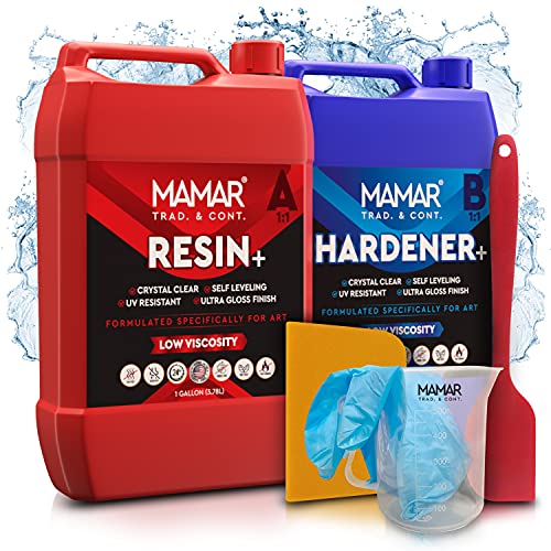 MAMAR Epoxy Resin Plus - Super Clear Epoxy Resin 2 Gallon Kit - Patented Self Leveling UV Resin Kit - UV Resistant Crystal Clear Resin Epoxy Ultra Gloss Finish - Low Viscosity Wood Epoxy Resin Kit