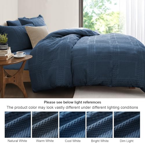 PHF 100% Cotton Waffle Duvet Cover Queen Size, 3 Pieces Soft Breathable Duvet Cover Set for All Season, Pre-Washed Decorative Textured Comforter Cover with 2 Pillow Shams, 90"x92", Navy Blue by PHF - Image 6