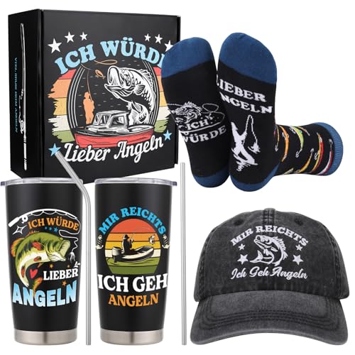 Utensilsto Angler Geschenke für Männer, Männer,Vatertagsgeschenk,Geschenke für Papa zum Geburtstag,Doppelwandiger Thermobecher Baseballkappe Socken mit Geschenkbox
