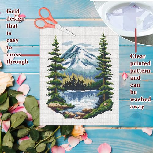 Image of FREEBLOSS 11CT Cross Stitch Kit Stamped Cross Stitch Craft Kit with Stitching Guide for Beginners Lake Landscape Embroidery Set Crossstitch Wall Hanging Set 15.7x19.7inch