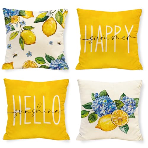 Tikeciti Spring Summer Lemon Pillow Covers Blue Hydrangea 18 x 18 Inch Throw Pillows Hello Sunshine Decorative Farmhouse Cushion Case for Sofa Couch Set of 4