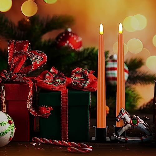 Image of CVHOMEDECO. Flameless Taper Candles with 10-Key Remote, Battery Operated Led Flickering 3D Wick Window Candles Real Wax Finished Home Christmas Party Decor 0.78 x 11 Inch, Pack of 2 (Orange)