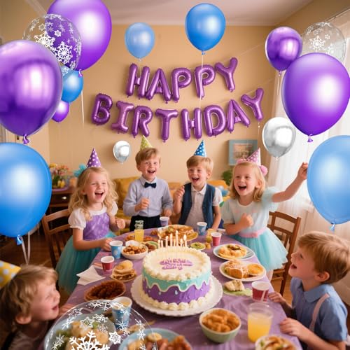 Image of 68Pcs Purple and Blue Party Balloons Kit 12 Inch Pearl Light Blue Metallic Purple Silver Snowflake Balloons with Ribbons for Winter Theme Birthday Wedding Girls Party Decorations.