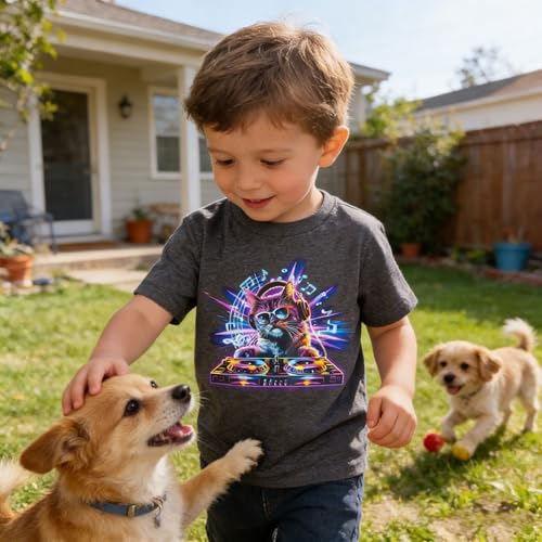 Funnycokid Toddler Boys Shirts Size 5 6 T-Shirts Kids Tops Tees Graphic Short Sleeve Gray Neon Cat 5-6 Years - image 3