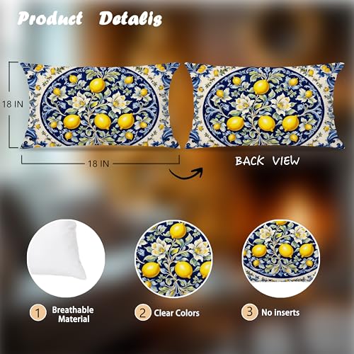 Image of Blue and Yellow Summer Mediterranean Lemon Small Decorative Lumbar 12x20 Pillow Covers Decor,Amalfi Coast Italian Decorative Throw Pillow Cover for Home Room Decor Double-Sided Set of 2