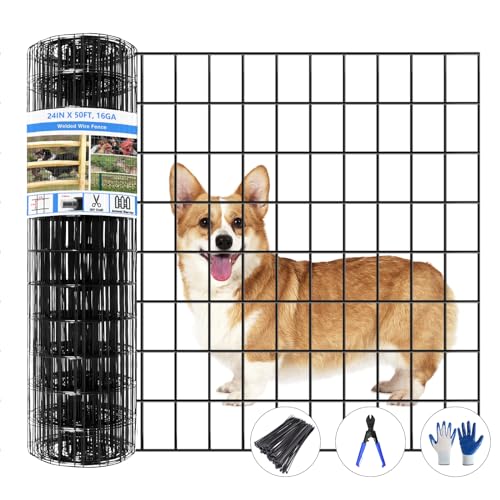 GILPWA Welded Wire Fence, 50ft(L) x 24inch(H) Garden Fence for Dog, 2 Inch x 3 Inch 16GA Fencing for Chicken, PVC Coated Anti-Rust Roll Metal Wire Mesh Fence for Yard Vegetable, Black by GILPWA - Used condition - US$35.99