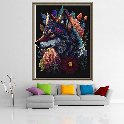 Image of Dimensean Stamped Cross Stitch Kits Full Range of Embroidery Patterns Starter Kits for Beginners Adult DIY Cross Stitches Needlepoint Kits 11CT-Flower Wolf 15.7x19.7 inch