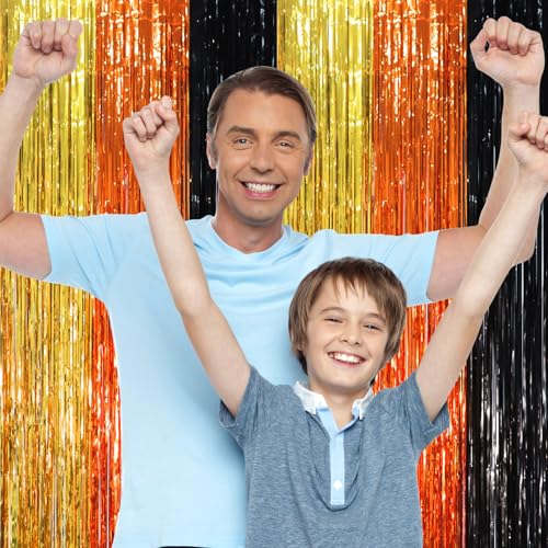 Image of Voircoloria 2 Pack Black Gold Orange Foil Fringe Backdrop Curtains, Tinsel Streamers Party Decorations, Fringe Backdrop, Door Shimmer for Construction or Birthday Party