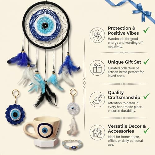 Image of THE URBAN ARTISTIC Evil Eye Gift Hamper Rakhi Return Gift for Sister - Dream Catcher, Ceramic Mug, Keychain, Bracelet, Hanging Bell, 7-Piece Set for Home Decor, Anniversary, Birthday, Housewarming