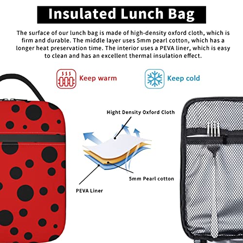 Yetta Yang Ladybug Black And Red Polka Dot Portable Lunch Bag Insulated Lunch Box Reusable Totes For Women Men Work Picnic Camping #TOP4