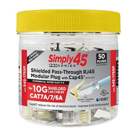 Simply45 ProSeries Pass-Through RJ45 Mod Plug - Shielded External Ground for 23AWG Solid, FPE Insulated 10G STP LAN Cables (Cat7a/7/6a) - Yellow, 50-Piece Jar - S45-1755P Cover