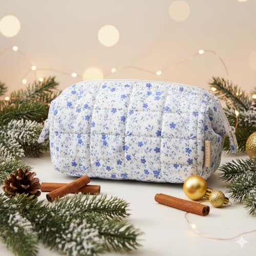 Image of BAGSMART Makeup Bag Travel Toiletry Bag, Puffy Padded Make Up Bags for Women Makeup Organizer Case, Wide-open Pouch Purse Travel Essentials Toiletries Accessories Brushes, Blue Ditsy Floral