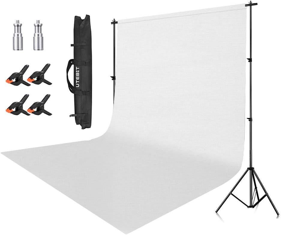 UTEBIT Photo Backdrop Stand Kit 6.5 x 9 Ft Collapsible Background Support Stands Portable with 1.8 x 2.8M White Polyester Backdrops and 4 Pack Spring Clamps 4" for Photography Studio, Video Shooting