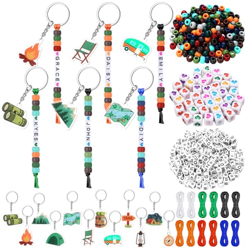 Landical 564 Pcs Camper Keychain Making Kit DIY Name Bead Key Chain Craft Camping Party Favors Adjustable Letter String Men Women Travel Trailer Gift Alphabet Jewelry Camping Accessories (Earth Color)