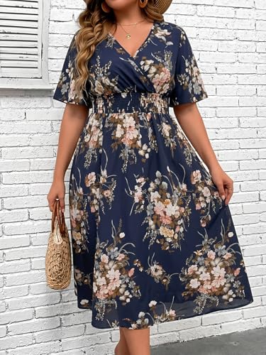 Image of Floerns Women's Plus Size Boho Hawaiian Tropical Dresses V Neck Short Sleeve Floral A Line Long Dress Vacation Beach Outfits