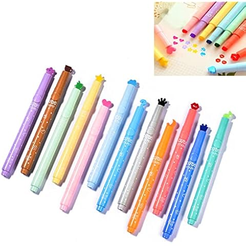 Bonlting 12 Pcs Cute Stamp Highlighter Pen, Candy Color Creative Marking Pen Watercolor Pen Students Marker Assorted Love Star Bear Paw Music Cloud Kiss Shape School Student Stationery, 12 Color Cover