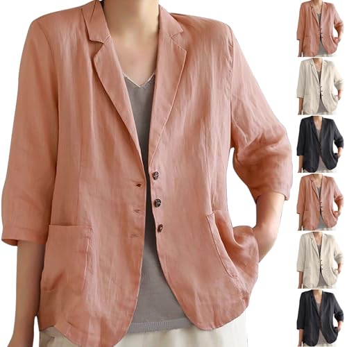 HGps8w Womens Cotton Linen Blazers Long Sleeve Loose Casual Suit Jackets Lightweight Summer Work Office Cardigan with Pockets2
