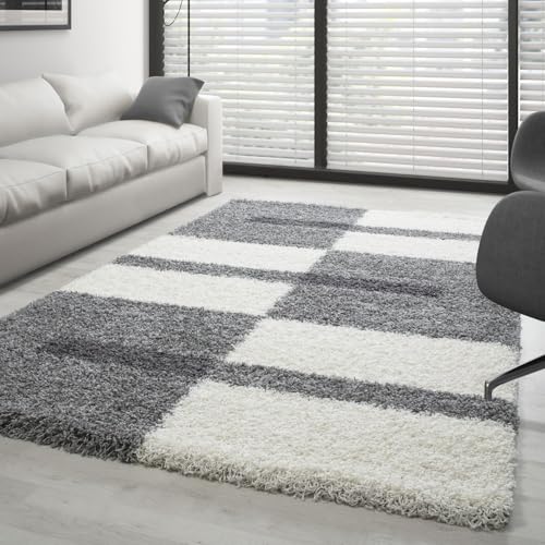 Carpettex Tapis de salon shaggy flokati, moderne carrelé, 120 x 170 cm, gris clair, doux et moelleux, lavable