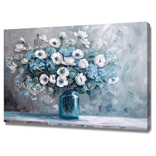 Peinture florale bleue blanche WODJEM tableau encadré anti mur vide