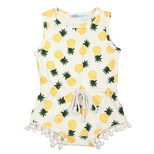 Winsummer Infant Baby Girls Pineapple Fruits Print Tassel Ball Sleeveless Romper Jumpsuit Bodysuit Summer Clothes (White, 18M)