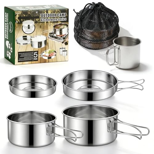 Lot de 5 Batterie de Cuisine de Camping, Kit de Casseroles Camping, Kit de Casseroles de Camping, en Acier Inoxydable avec Sac de Rangement et gobelet Pliable...